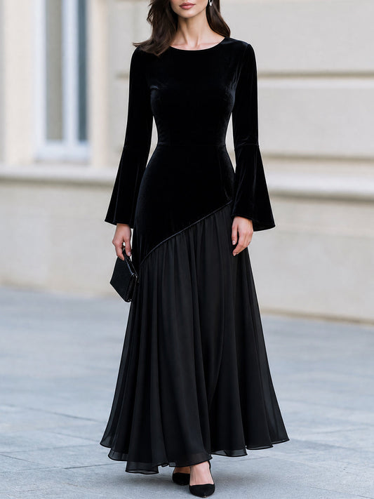 Black Velvet Bell Sleeve Chiffon Asymmetric Hem Maxi Evening Dress