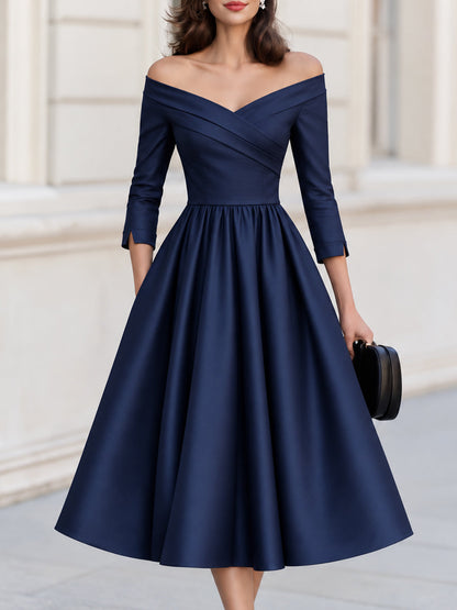 Off The Shoulder 3/4 Sleeve Fit And Flare Midi Formal Dress