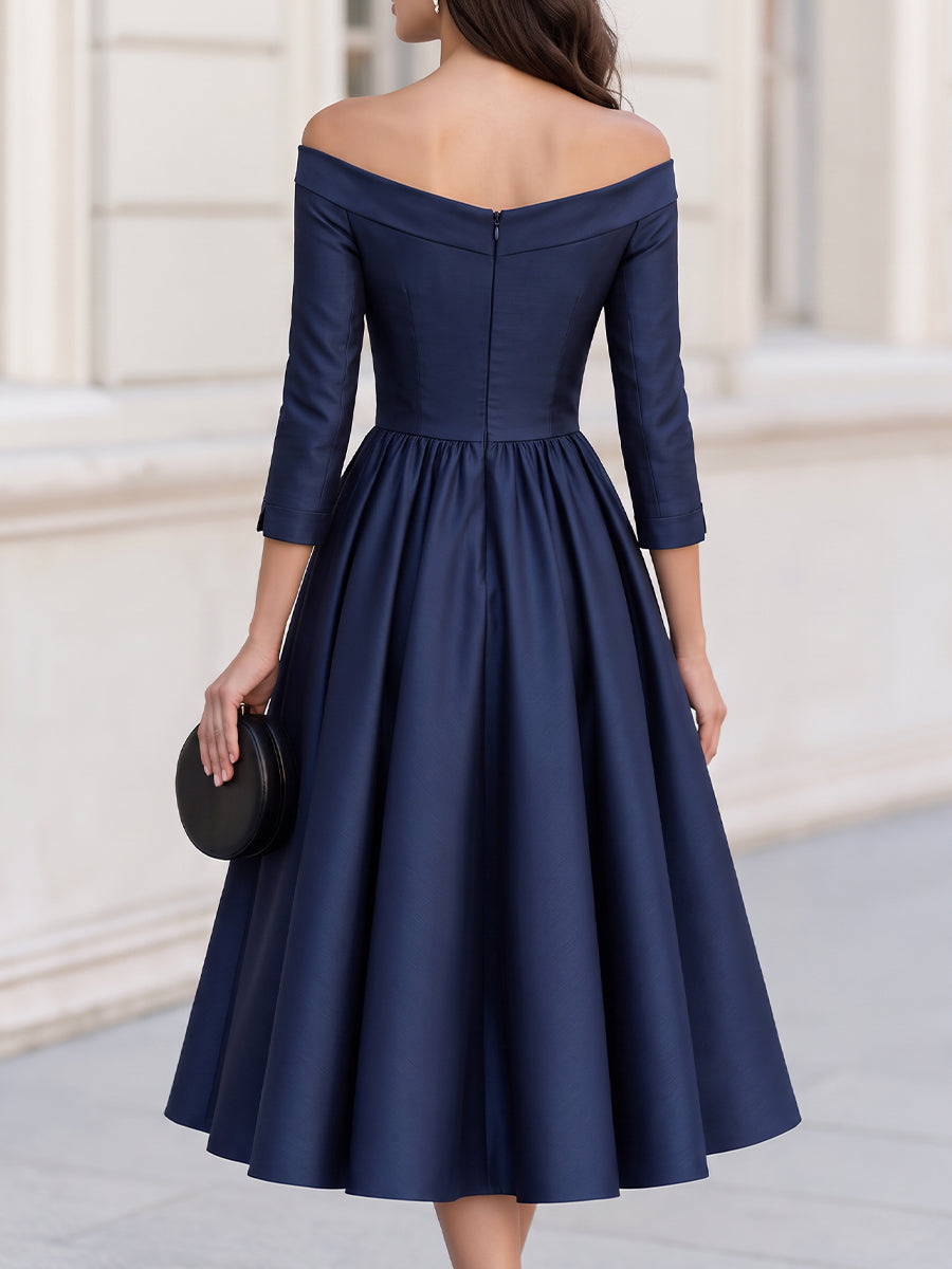 Off The Shoulder 3/4 Sleeve Fit And Flare Midi Formal Dress