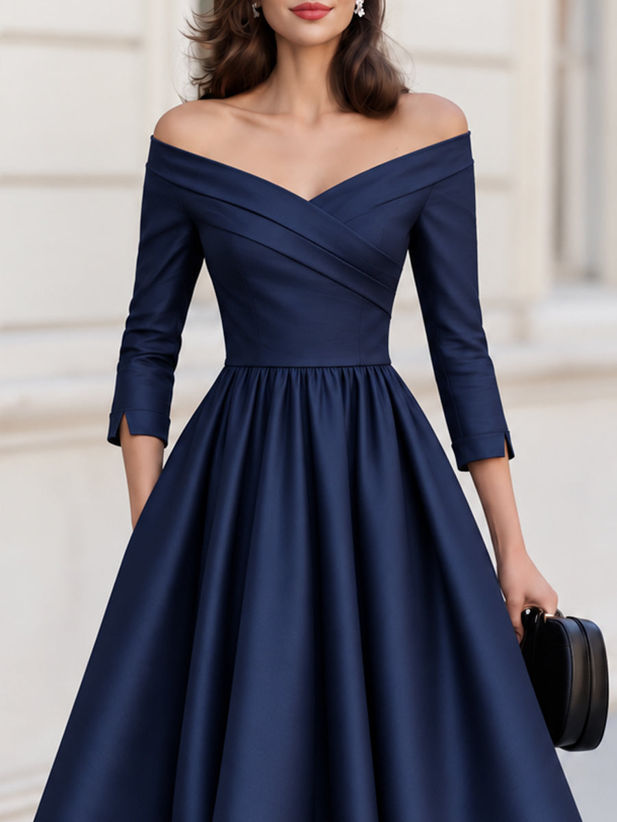 Off The Shoulder 3/4 Sleeve Fit And Flare Midi Formal Dress