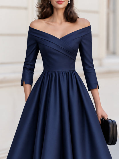 Off The Shoulder 3/4 Sleeve Fit And Flare Midi Formal Dress