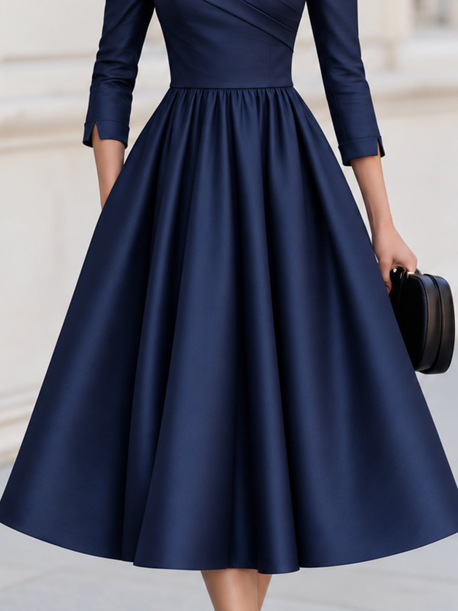 Off The Shoulder 3/4 Sleeve Fit And Flare Midi Formal Dress
