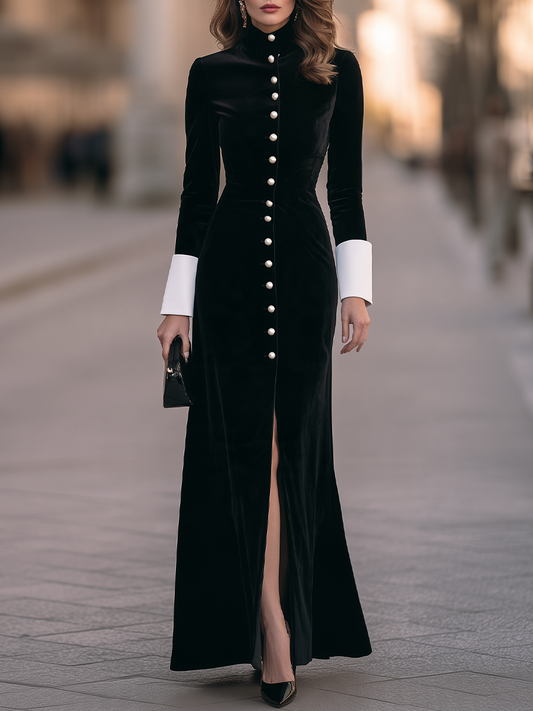 Elegant Velvet Maxi Dress with Pearl Buttons and Contrast Cuffs