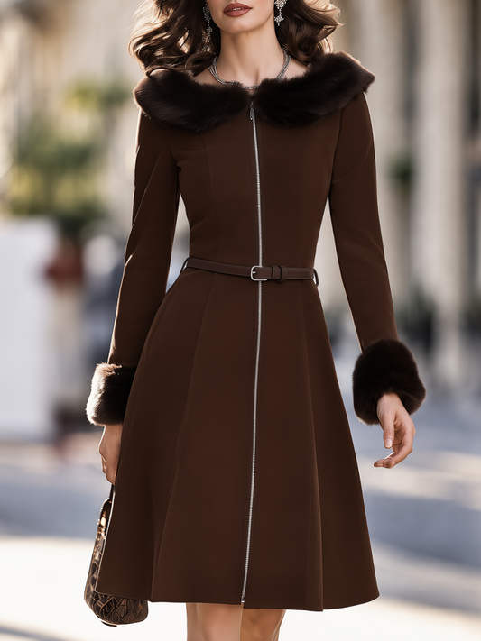 Faux Fur Trim Zip-Front Belted Fit and Flare Midi Dress