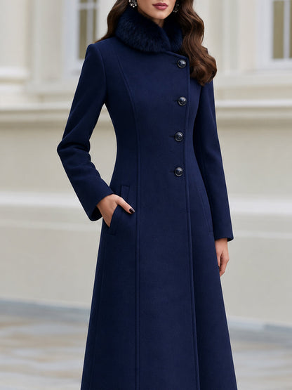 Faux Fur Collar Asymmetric Button Fit‑and‑Flare Wool‑Blend Long Coat