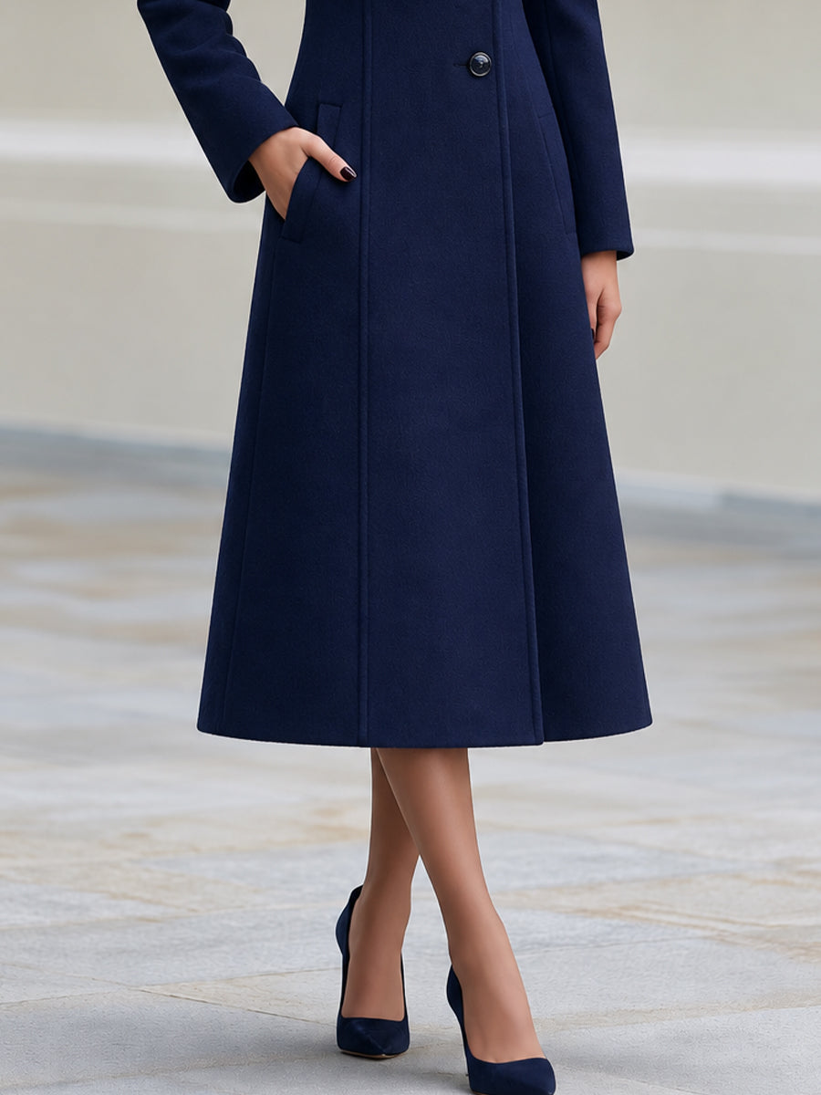 Faux Fur Collar Asymmetric Button Fit‑and‑Flare Wool‑Blend Long Coat