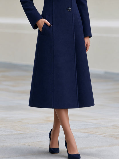 Faux Fur Collar Asymmetric Button Fit‑and‑Flare Wool‑Blend Long Coat
