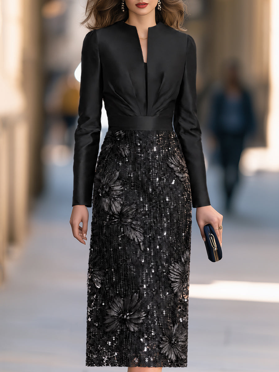 Sequin Floral Skirt Split Neck Pleated Bodice Sheath Midi Dress