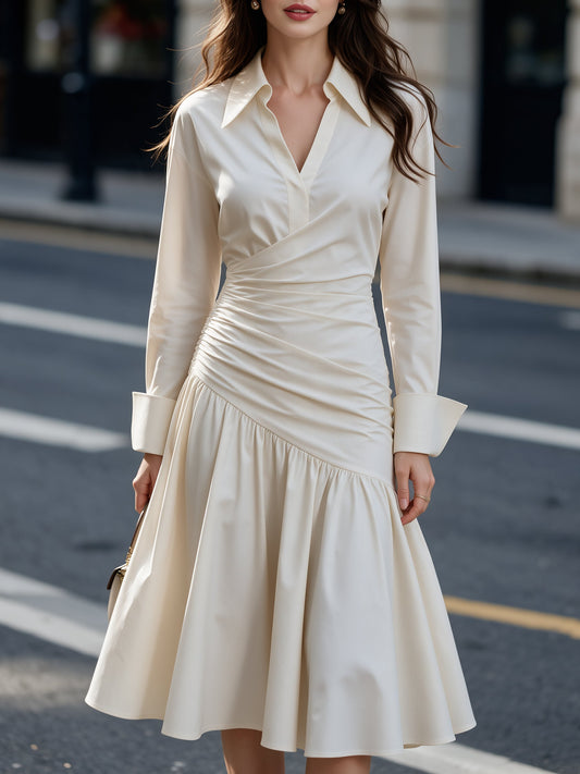 Ruched Waist Pleated A-Line Shirt Dress