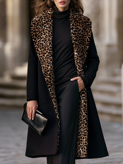 Faux Fur Leopard Collar Textured Long Coat