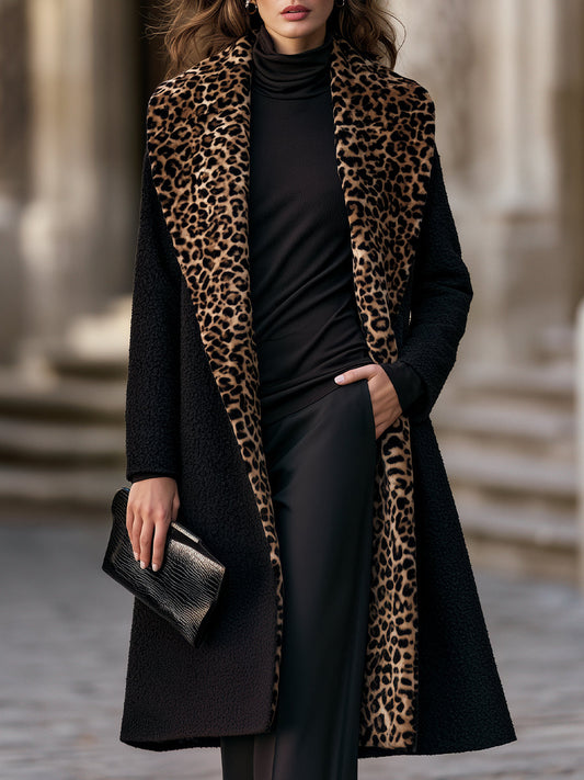 Faux Fur Leopard Collar Textured Long Coat