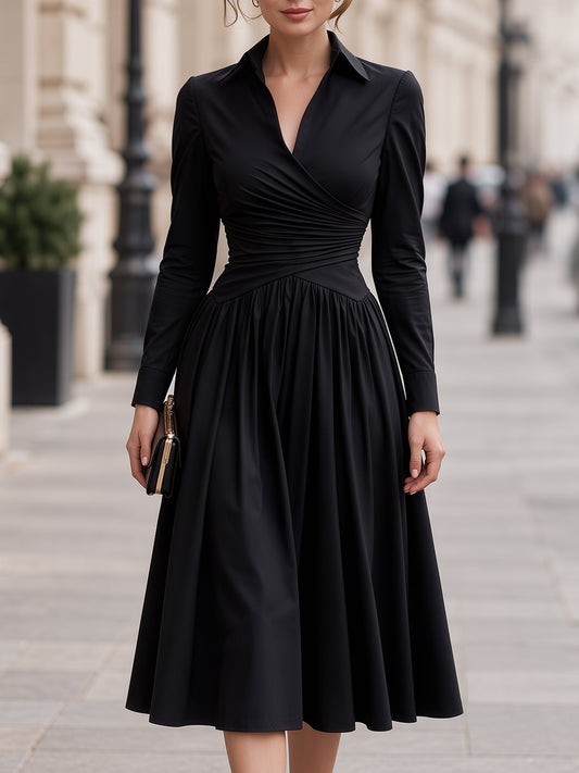 Elegant Wrap V-Neck Long Sleeve A-Line Midi Dress