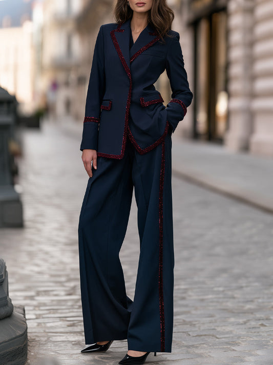 Sequin Trim Blazer & Wide Leg Pants Two-Piece Suit Set