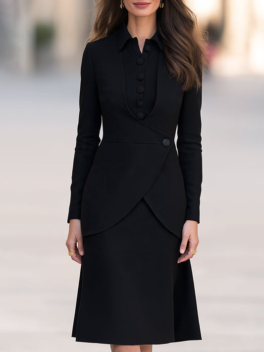 Black Tailored Vest And Long Sleeve Midi Dress Two Piece Set
