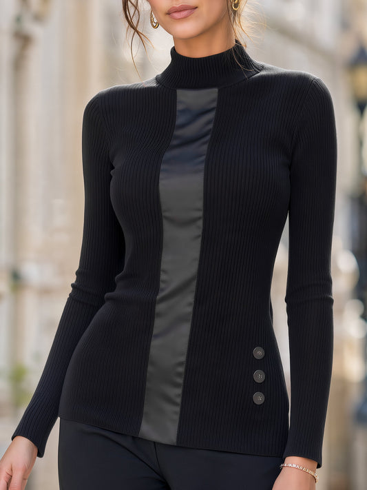 Mock Neck Satin Panel Ribbed Knit Sweater