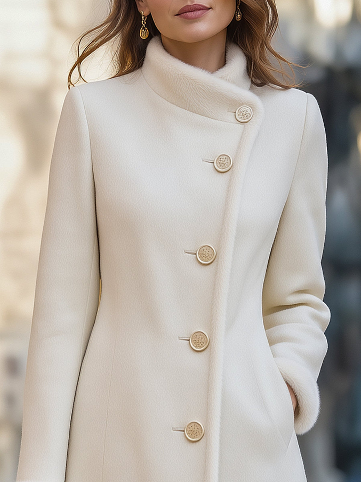 Asymmetric Faux Fur Trim Long Wool Coat