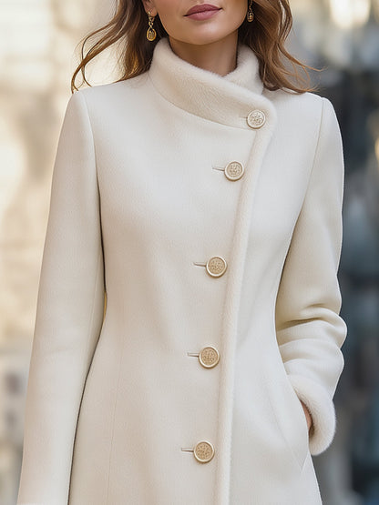 Asymmetric Faux Fur Trim Long Wool Coat