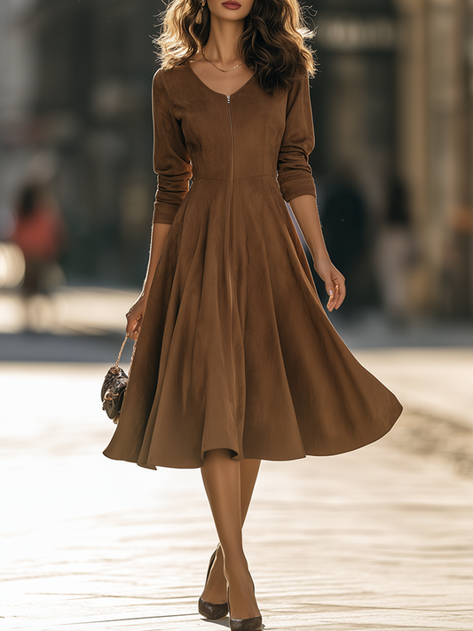 Faux Suede V-Neck Zip-Front Fit And Flare Midi Dress