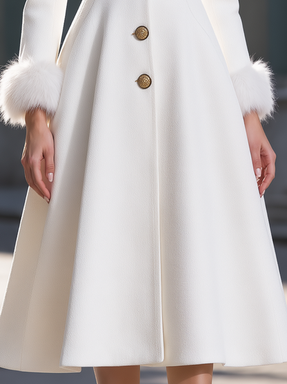 Elegant Faux Fur Cuff Single Breasted Wool Blend Midi Coat
