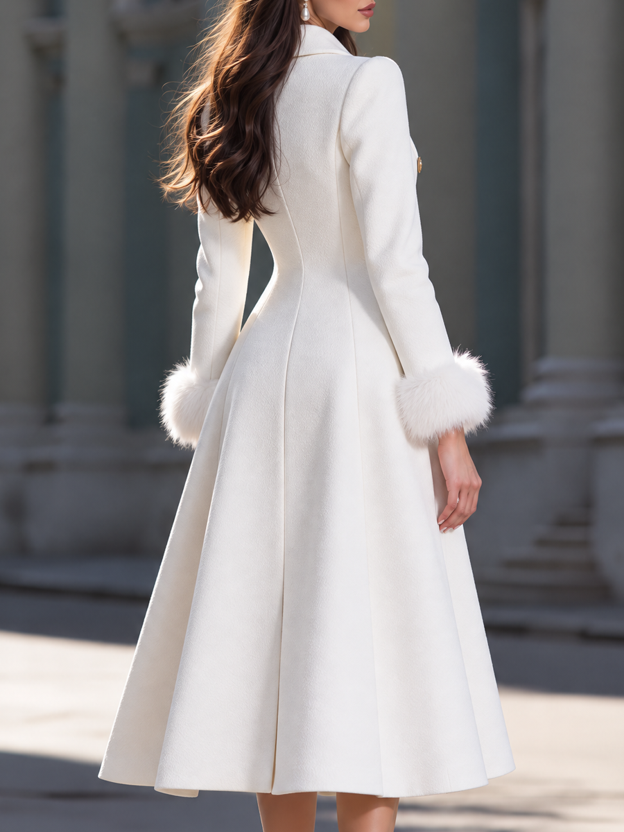 Elegant Faux Fur Cuff Single Breasted Wool Blend Midi Coat