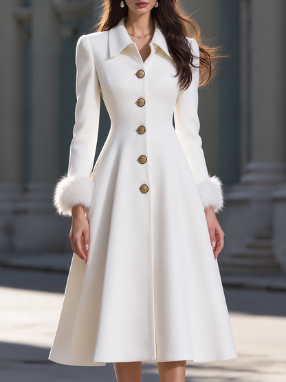 Elegant Faux Fur Cuff Single Breasted Wool Blend Midi Coat