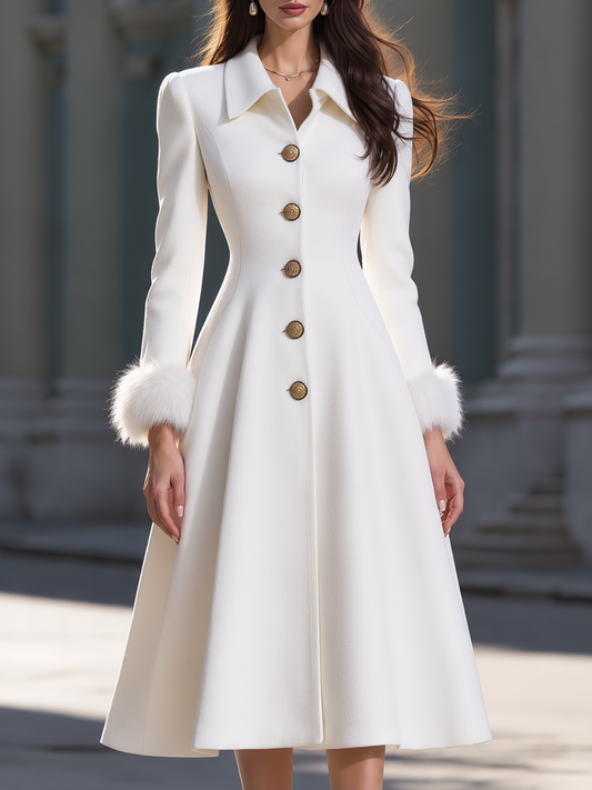 Elegant Faux Fur Cuff Single Breasted Wool Blend Midi Coat