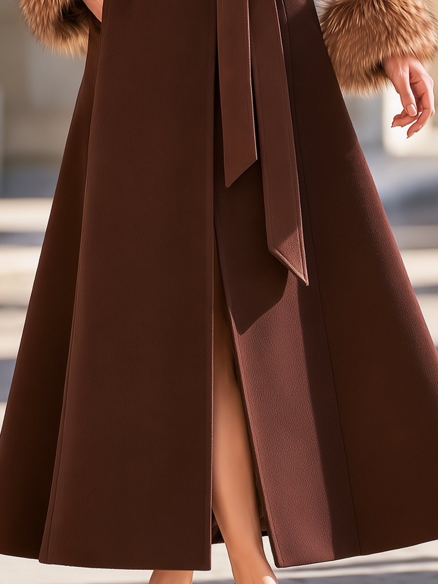 Detachable Fur Collar And Cuffs Tie Waist A-Line Coat