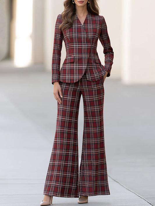 Burgundy Plaid Tailored Peplum Blazer And Wide Leg Pants Set