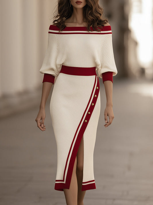 Contrast Trim Off-Shoulder Knit Midi Dress
