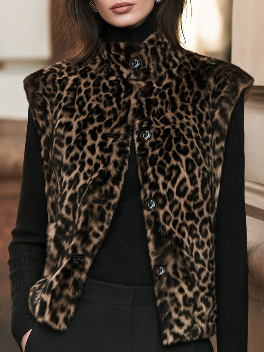 Leopard Print Faux Fur Sleeveless Vest