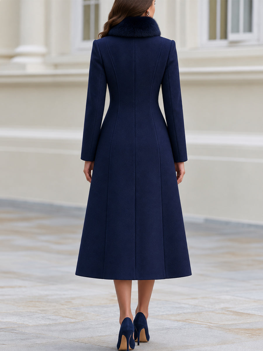 Faux Fur Collar Asymmetric Button Fit‑and‑Flare Wool‑Blend Long Coat