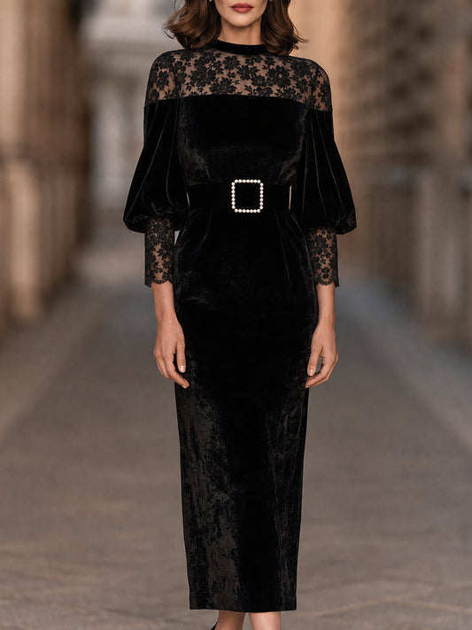 Velvet Lace Panel Midi Dress With Pearl Buckle Belt