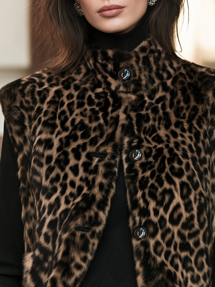 Leopard Print Faux Fur Sleeveless Vest