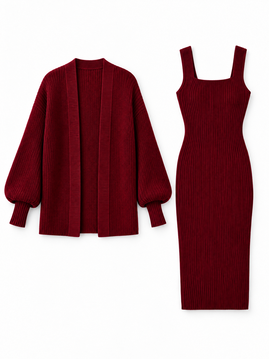 Elegant Ribbed Knit Midi Dress & Open Front Cardigan Set