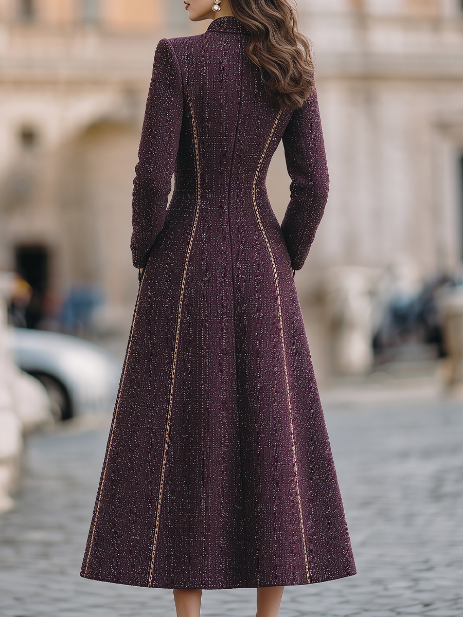 Burgundy Tweed Stand Collar Gold Trim Midi Coat