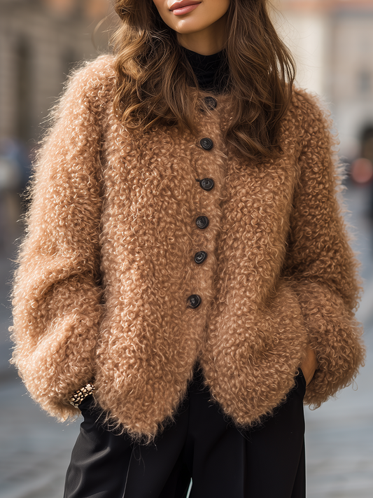 Camel Curly Fuzzy Knit Round Neck Cardigan