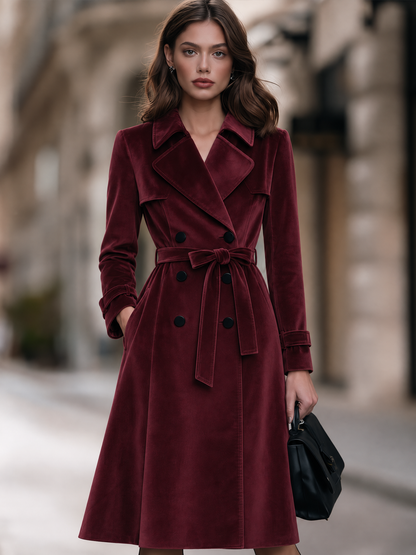 Double-Breasted Velvet Trench Coat With Self-Tie Belt