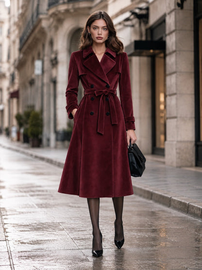 Double-Breasted Velvet Trench Coat With Self-Tie Belt