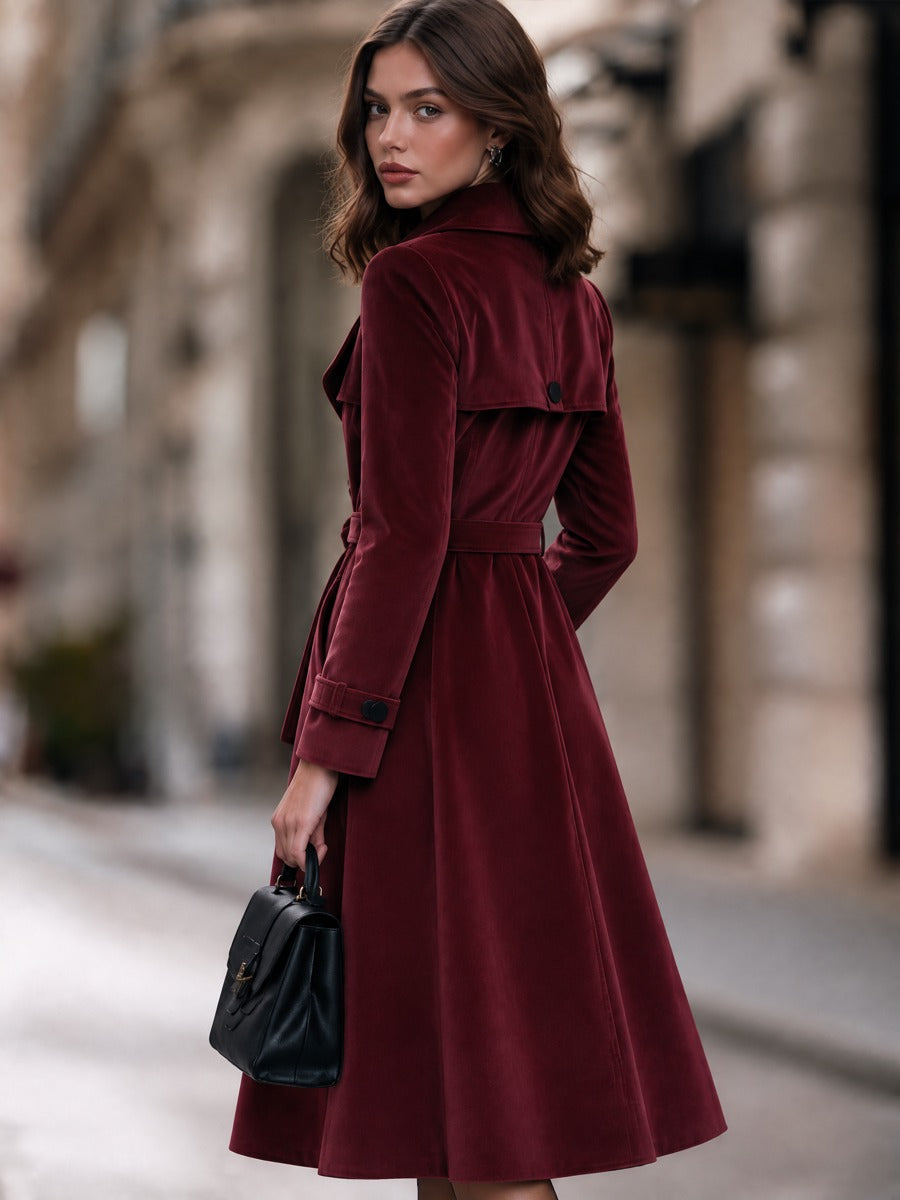 Double-Breasted Velvet Trench Coat With Self-Tie Belt