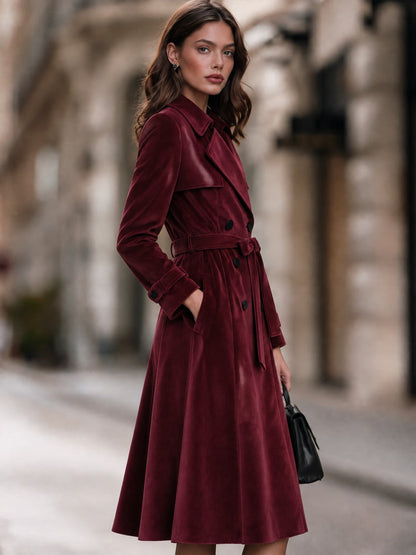Double-Breasted Velvet Trench Coat With Self-Tie Belt