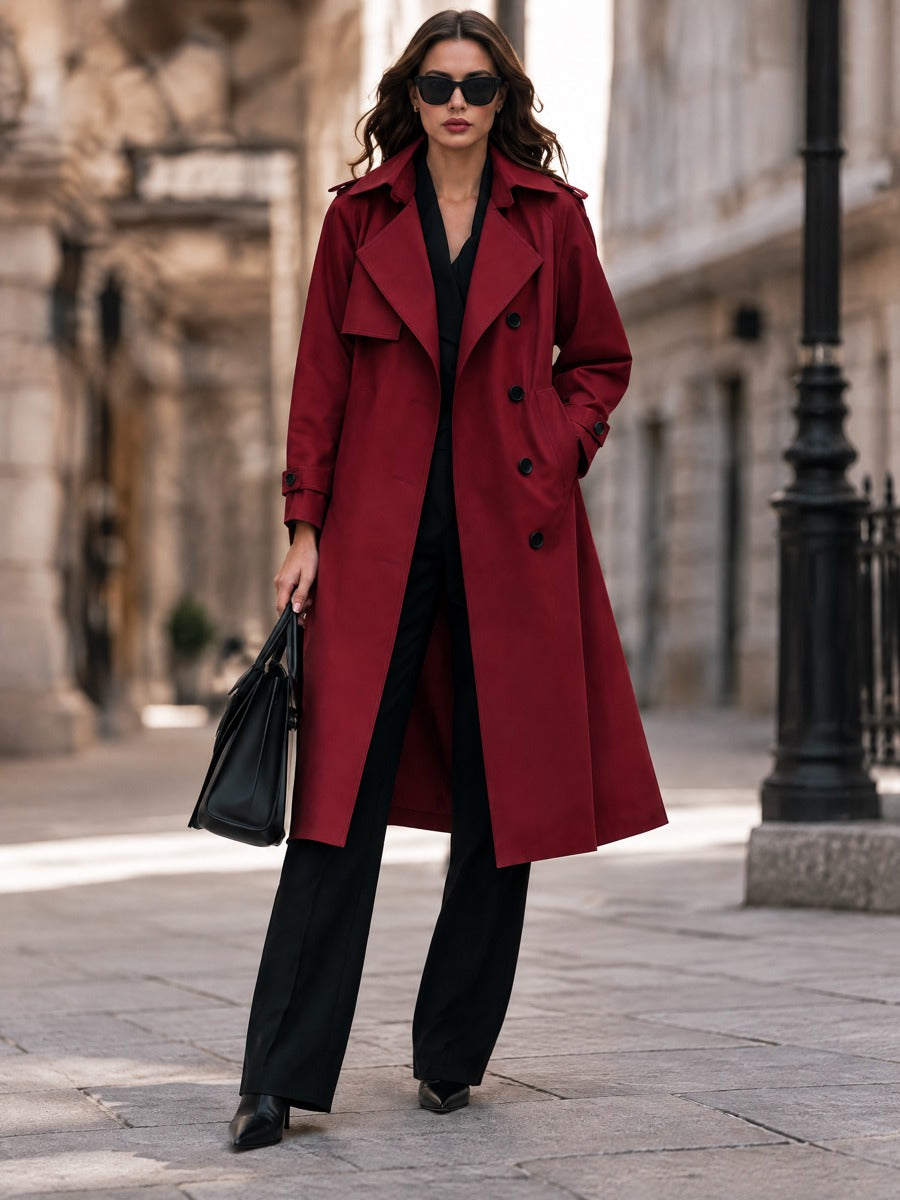 Double-Breasted Longline Trench Coat With Belted Cuffs