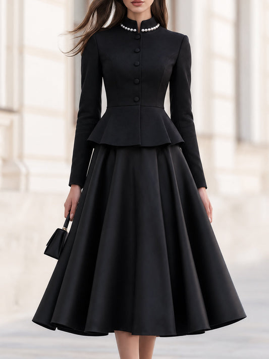 Pearl‑Trim Stand Collar Peplum Two‑Piece Midi Skirt Set