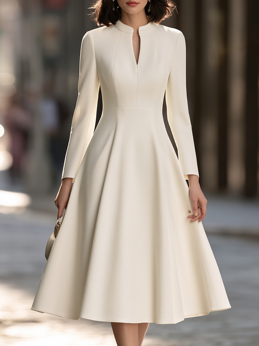 Stand Collar Split Neck Seamed Fit And Flare Midi Dress
