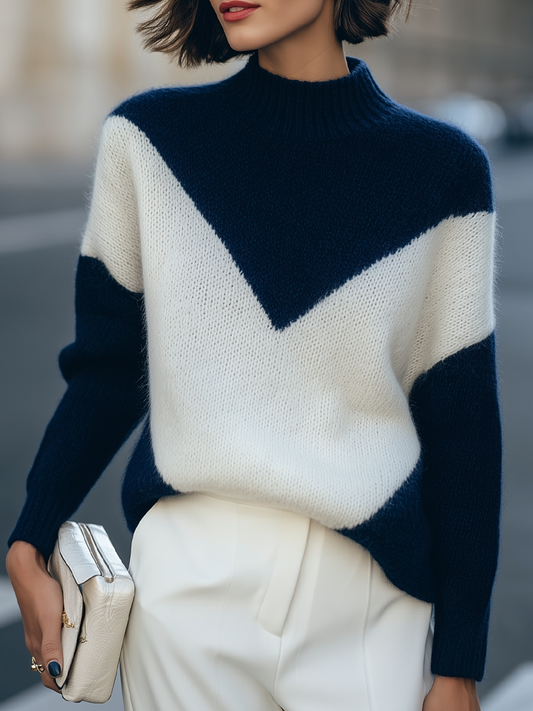 Mock Neck Chevron Color Block Fuzzy Knit Relaxed Sweater