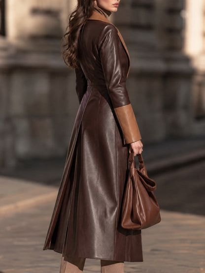 Color Block Faux Leather Long Trench Coat with Notched Lapel