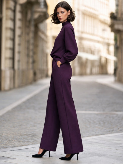 Mock-Neck Top And Wide-Leg Pants Two-Piece Set
