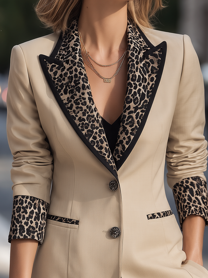 Women's Leopard Print Contrast Blazer - Chic Tailored Jacket