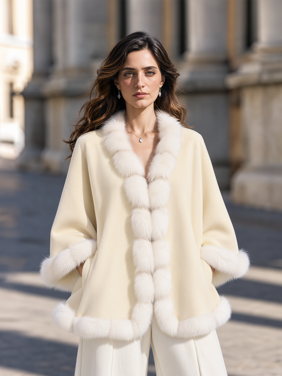 Elegant Shawl Collar Faux Fur Trim Wool Cape Coat