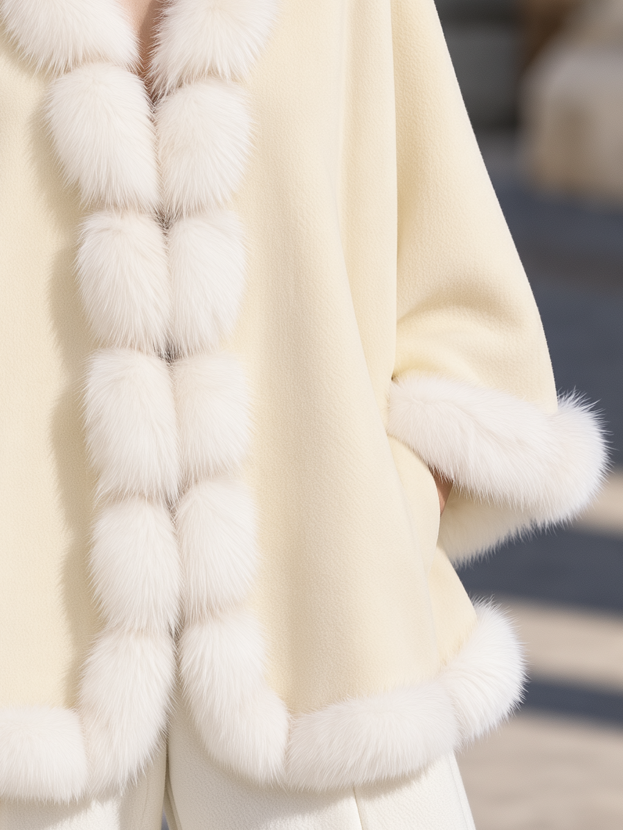 Elegant Shawl Collar Faux Fur Trim Wool Cape Coat