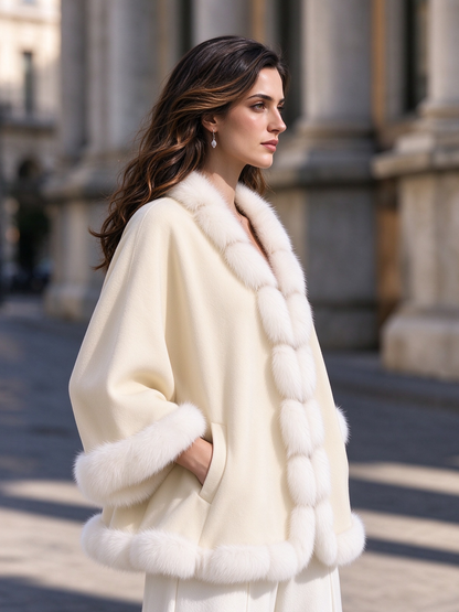 Elegant Shawl Collar Faux Fur Trim Wool Cape Coat